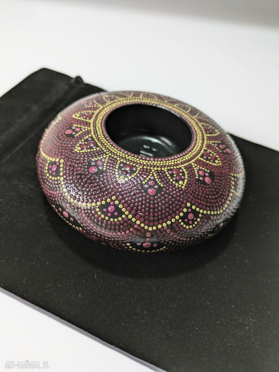 Świecznik Tealight Mandala - ręcznie robiony dotting w kolorach bordo, róż i złoto