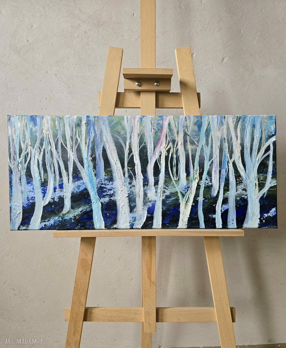 „Tears in Heaven” - ręcznie malowany obraz las i drzewa w pastelowych błękitach