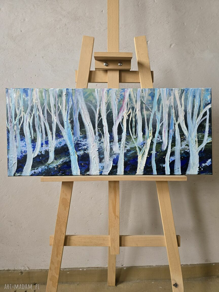 „Tears in Heaven” - ręcznie malowany obraz las i drzewa w pastelowych błękitach