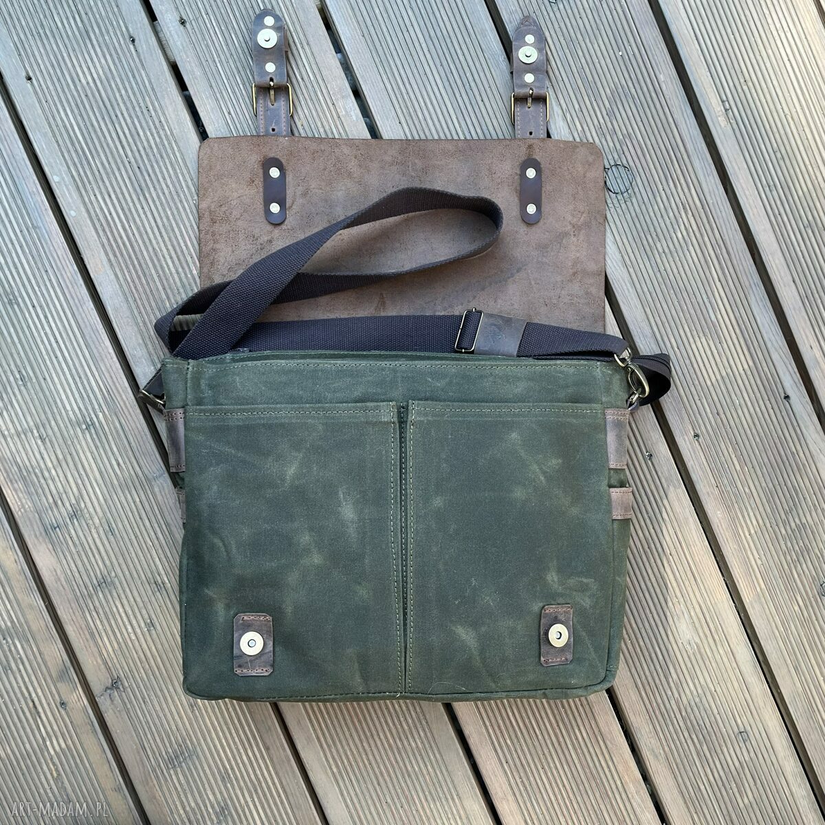 teczki: Torba ze skóry i bawełny woskowanej Wax Cotton Vintage. Brązowo zielona khaki