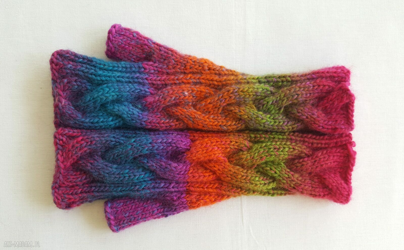 Tęczowe niebiańsko-różowe mitenki damskie - handmade na drutach