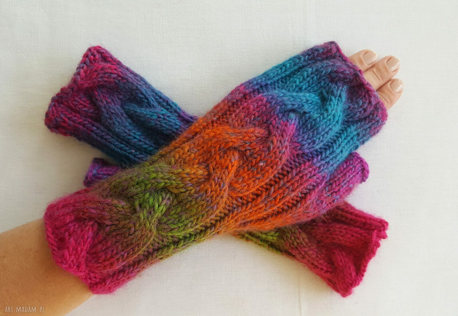 Tęczowe niebiańsko-różowe mitenki damskie - handmade na drutach