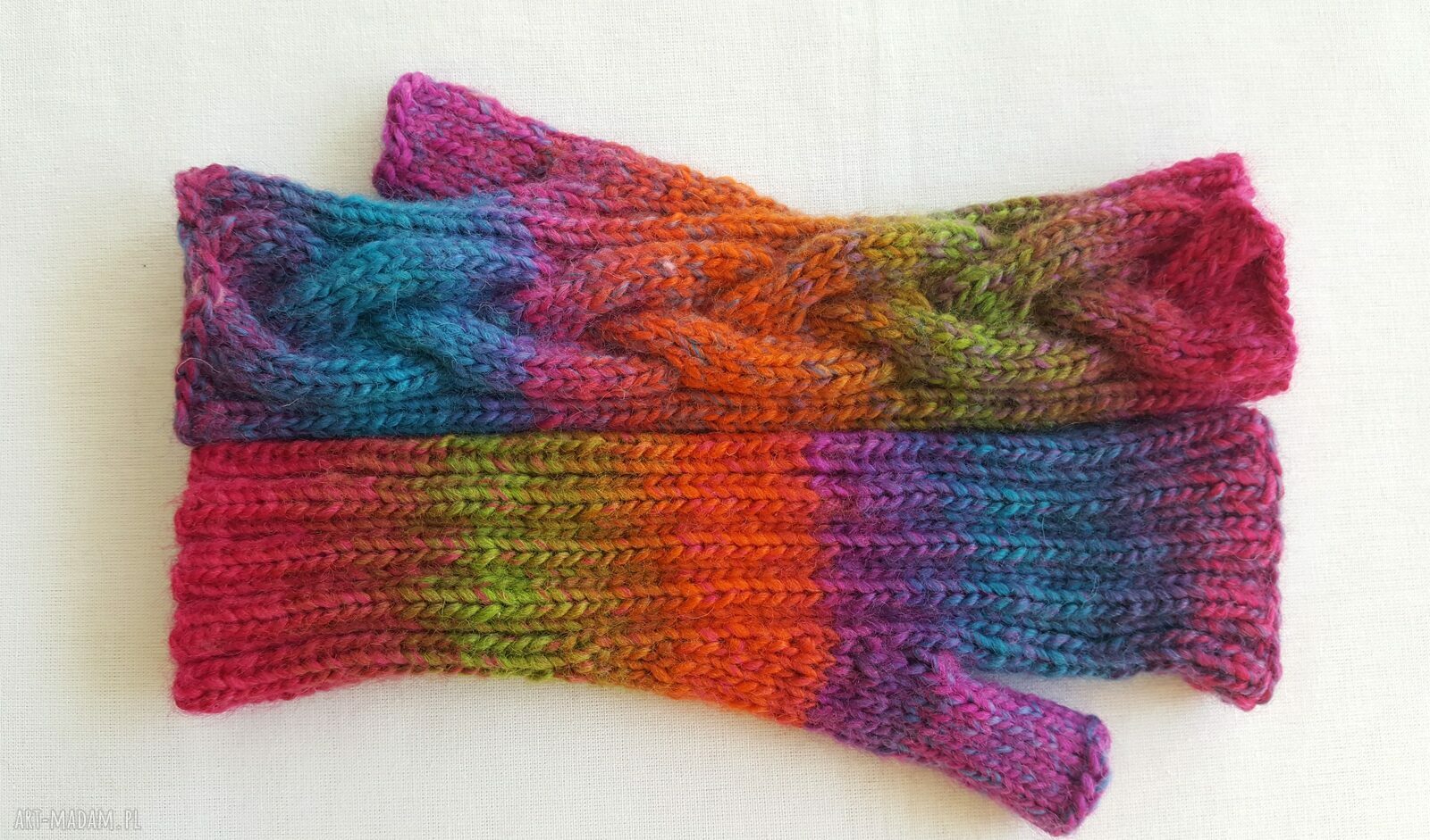 Tęczowe niebiańsko-różowe mitenki damskie - handmade na drutach
