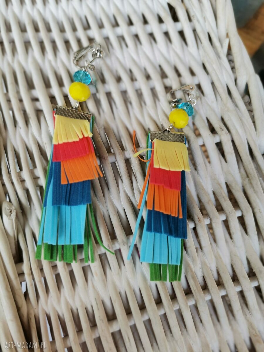 Klipsy tęczowe lekkie folk - boho damskie, ręcznie robione
