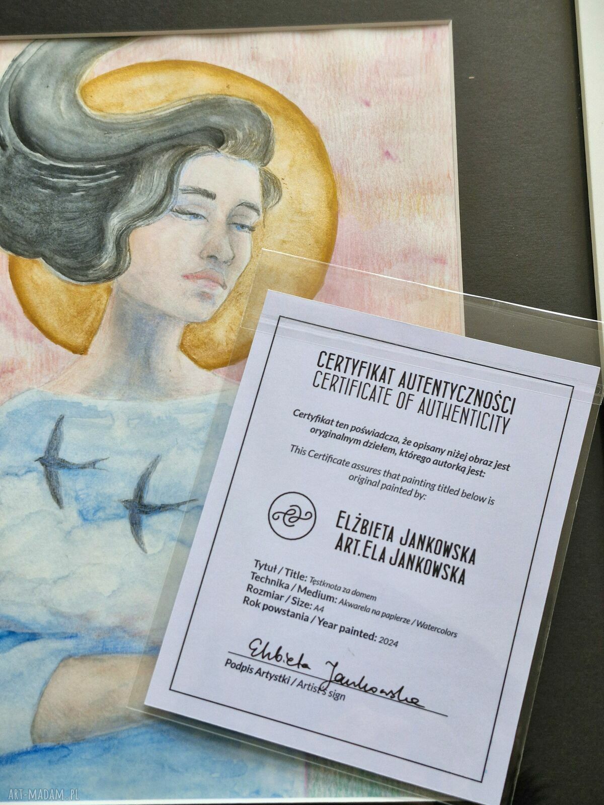 Tęsknota za domem - symboliczny portret kobiety z jaskółką (oprawiona akwarela)