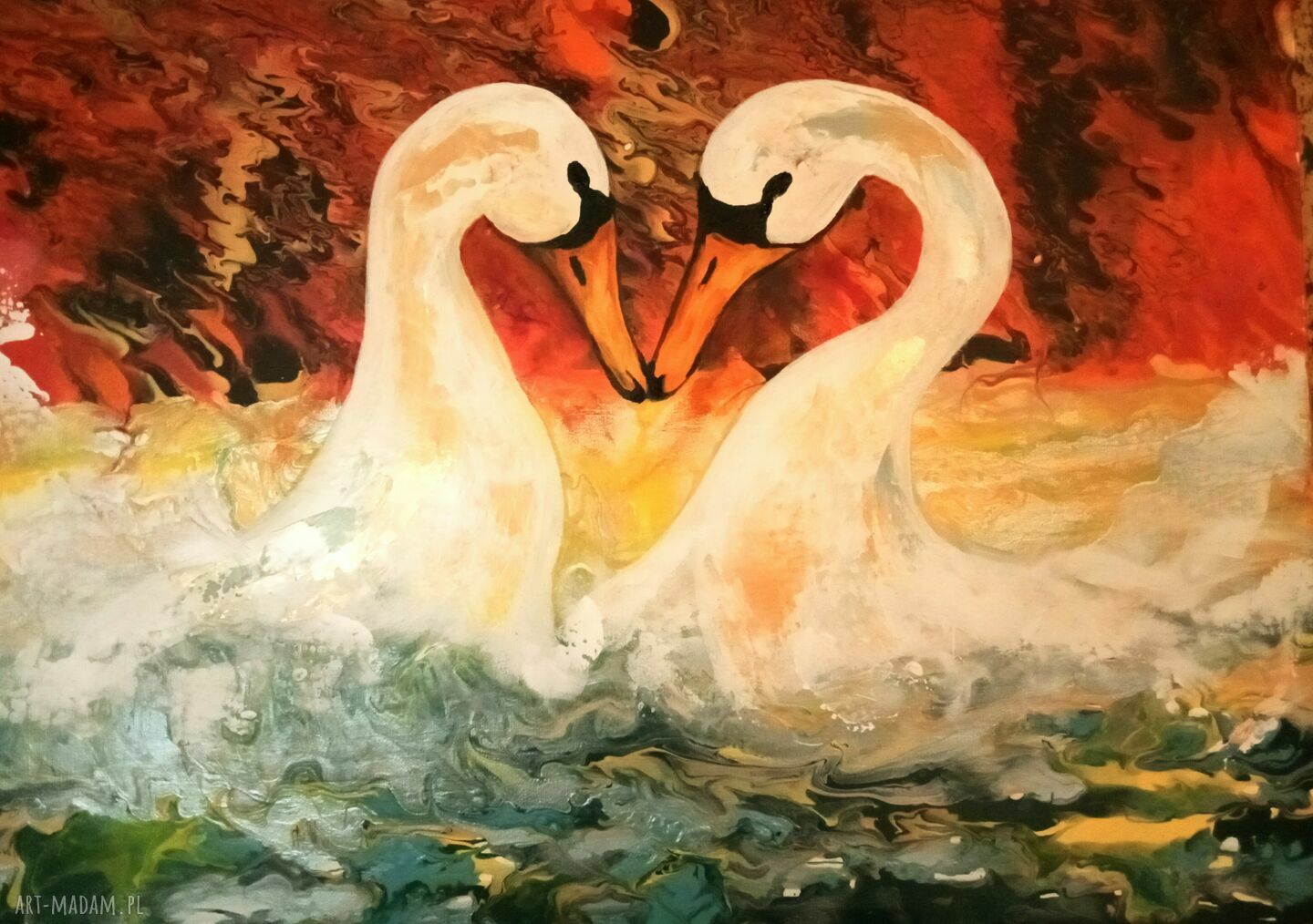 The great date - obraz miłości z łabędziami, akryl na płótnie 50x70 cm