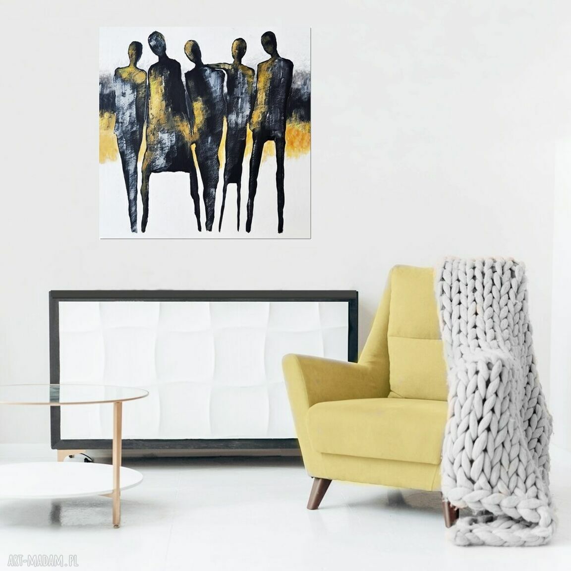 The In-Crowd - abstrakcyjny obraz 80x80 cm w kolorach żółty-biel-czerń (ręcznie malowany)