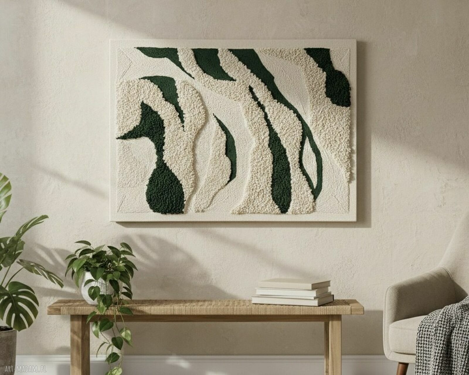 Abstrakcyjny obraz tkany 3D 80x110 cm - ecru i głęboka zieleń