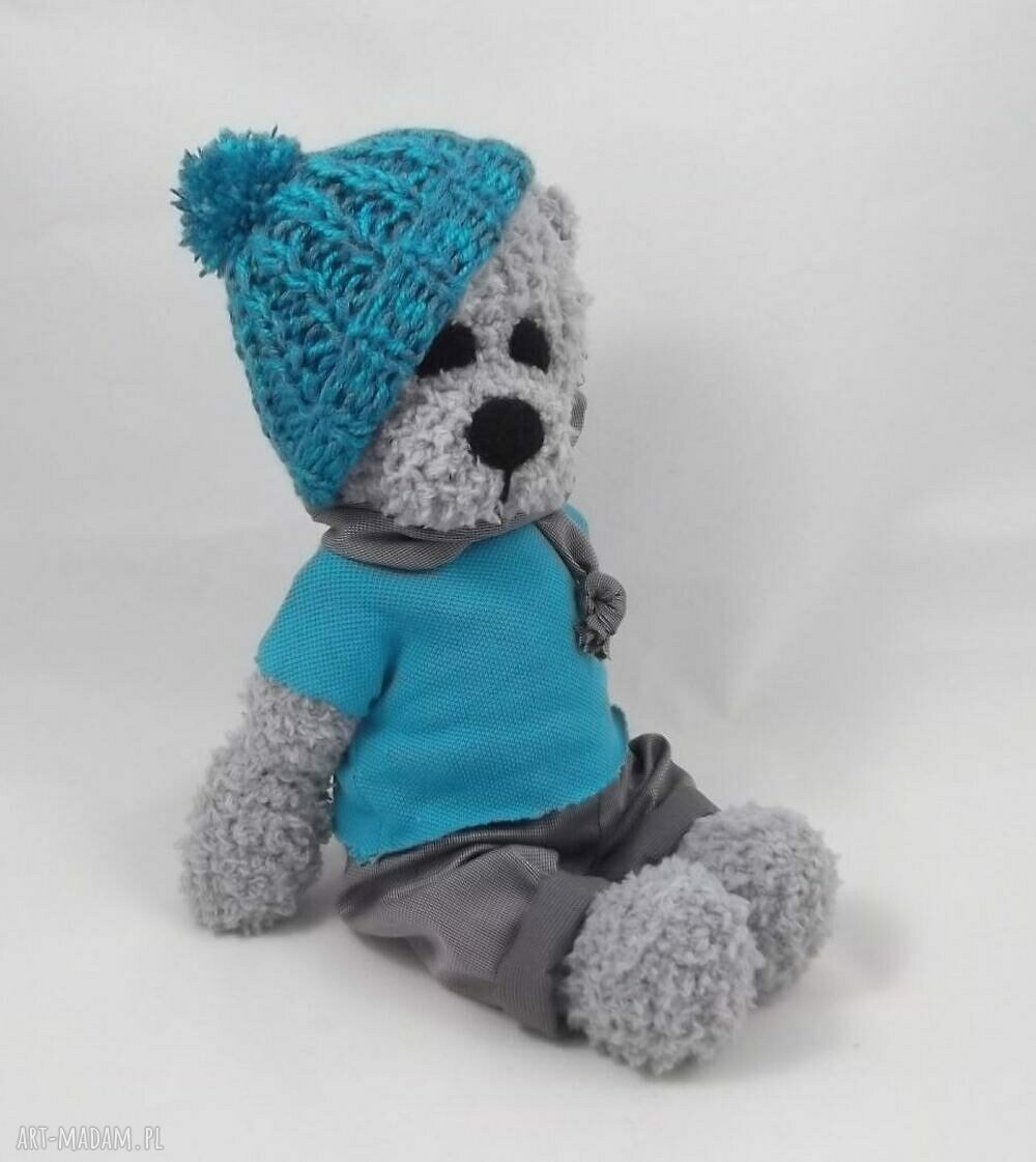 Miś szydełkowy Tolek - turkusowo-szara przytulanka handmade 31 cm