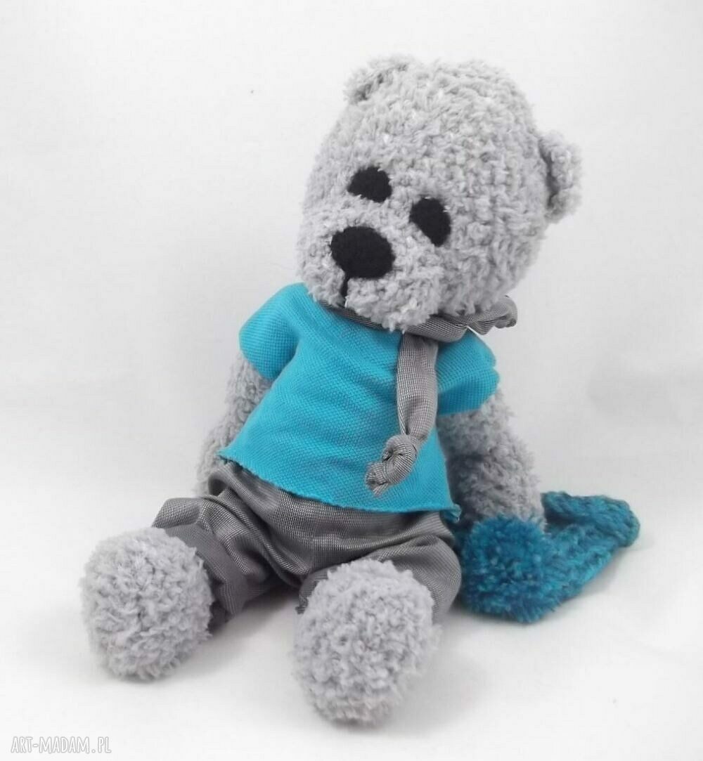Miś szydełkowy Tolek - turkusowo-szara przytulanka handmade 31 cm