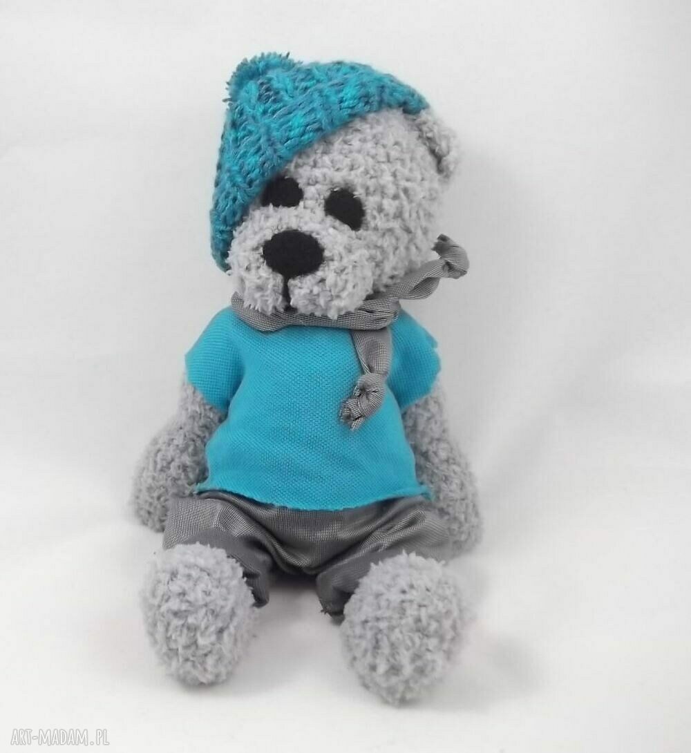 Miś szydełkowy Tolek - turkusowo-szara przytulanka handmade 31 cm