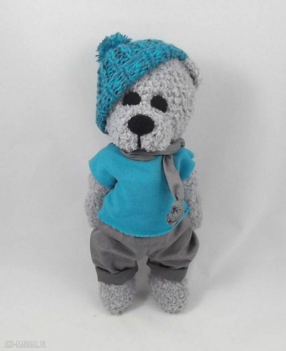 Miś szydełkowy Tolek - turkusowo-szara przytulanka handmade 31 cm