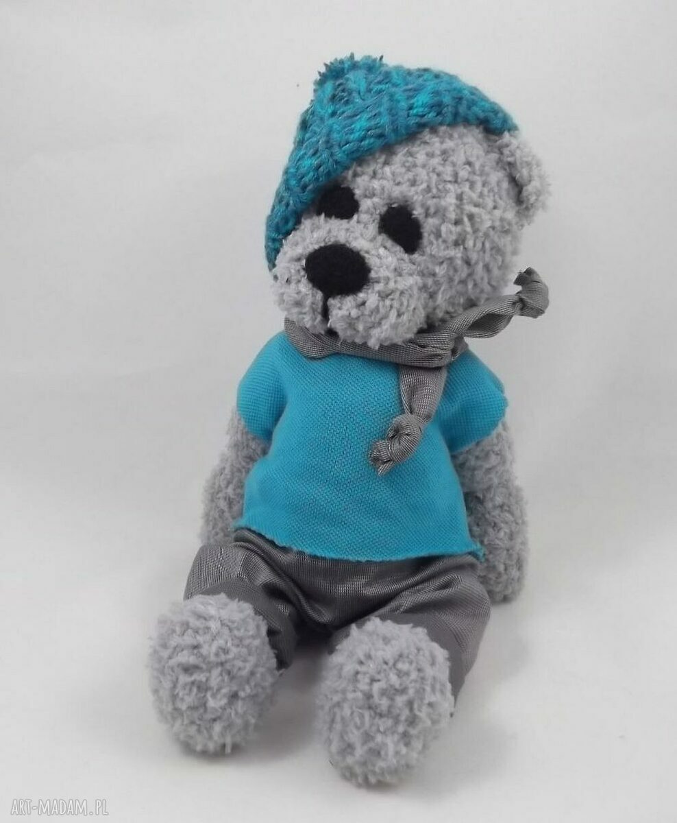 Miś szydełkowy Tolek - turkusowo-szara przytulanka handmade 31 cm