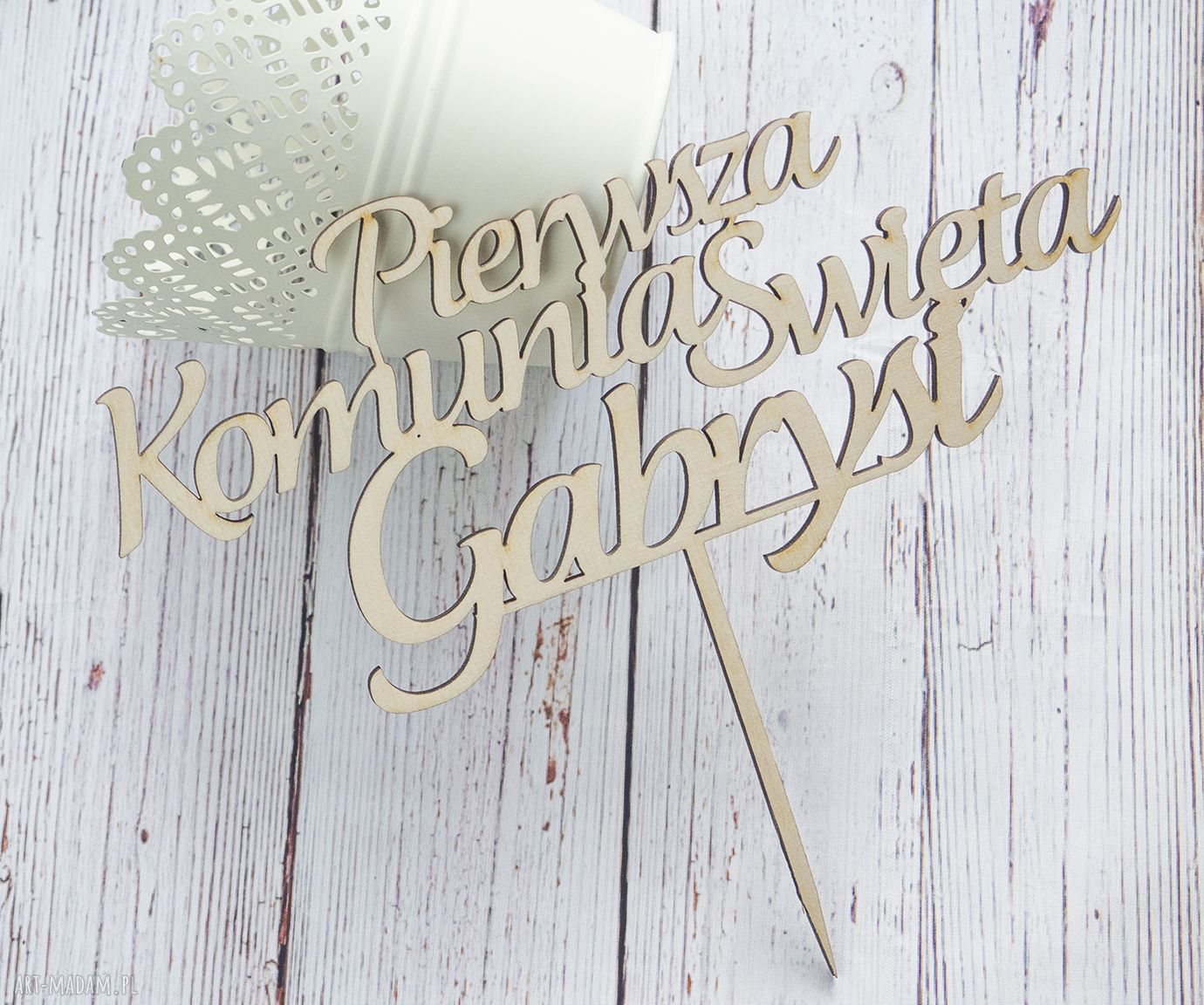 Topper na tort Pierwsza Komunia z imieniem - personalizowany napis ze sklejki 4 mm