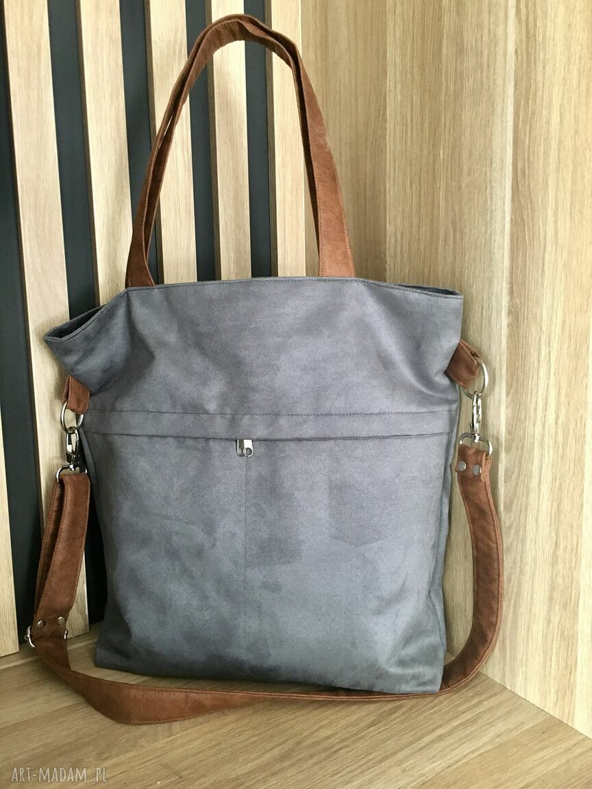 Torba na ramię - szarość i brąz z alcantry wegańskiej (shoper)