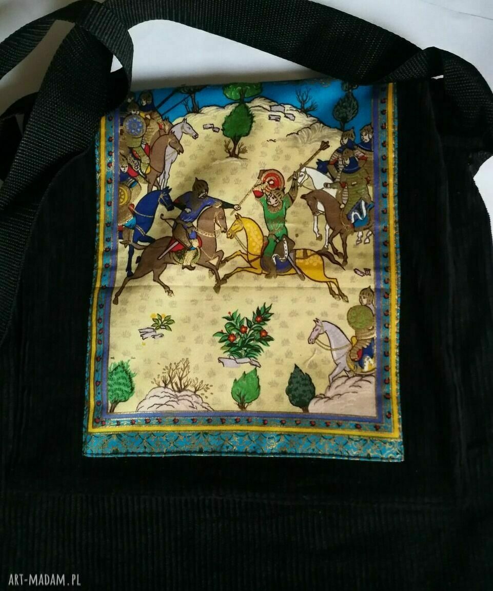 Elegancka torba artystyczna boho z czarnego sztruksu - na ramię 41x33 cm