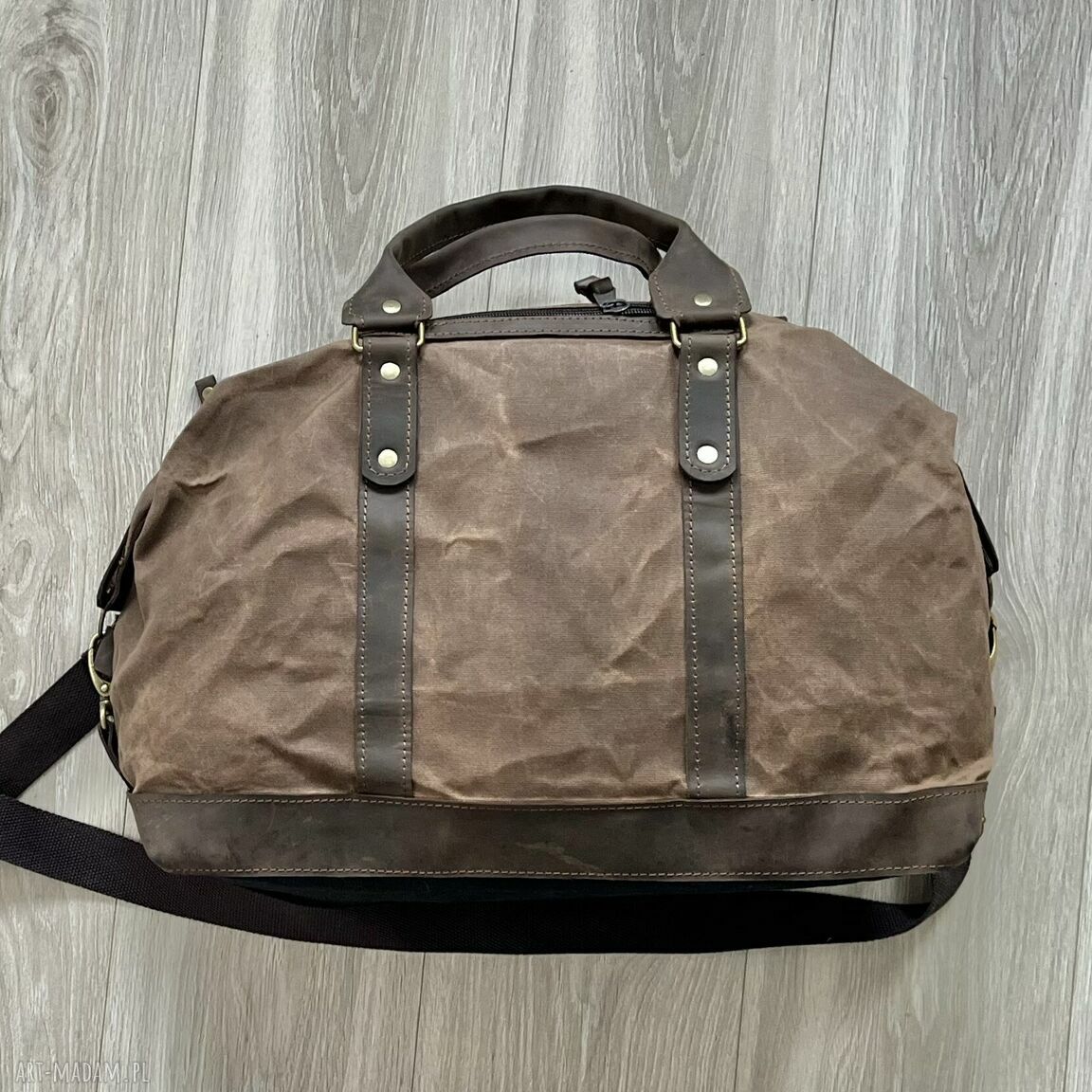 podróżne: Torba bagażowa podróżna brązowa ze skóry i bawełny woskowanej Vintage