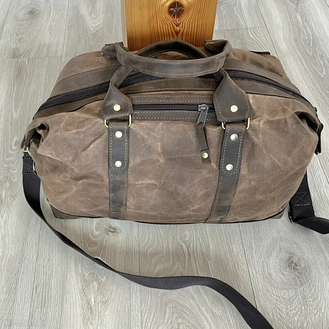 podróżne: Torba bagażowa podróżna brązowa ze skóry i bawełny woskowanej Vintage