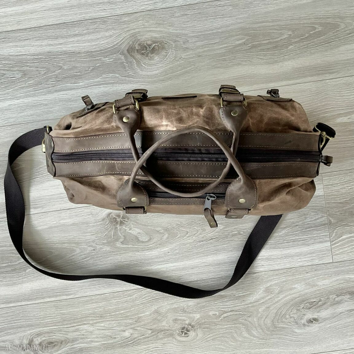 podróżne: Torba bagażowa podróżna brązowa ze skóry i bawełny woskowanej Vintage