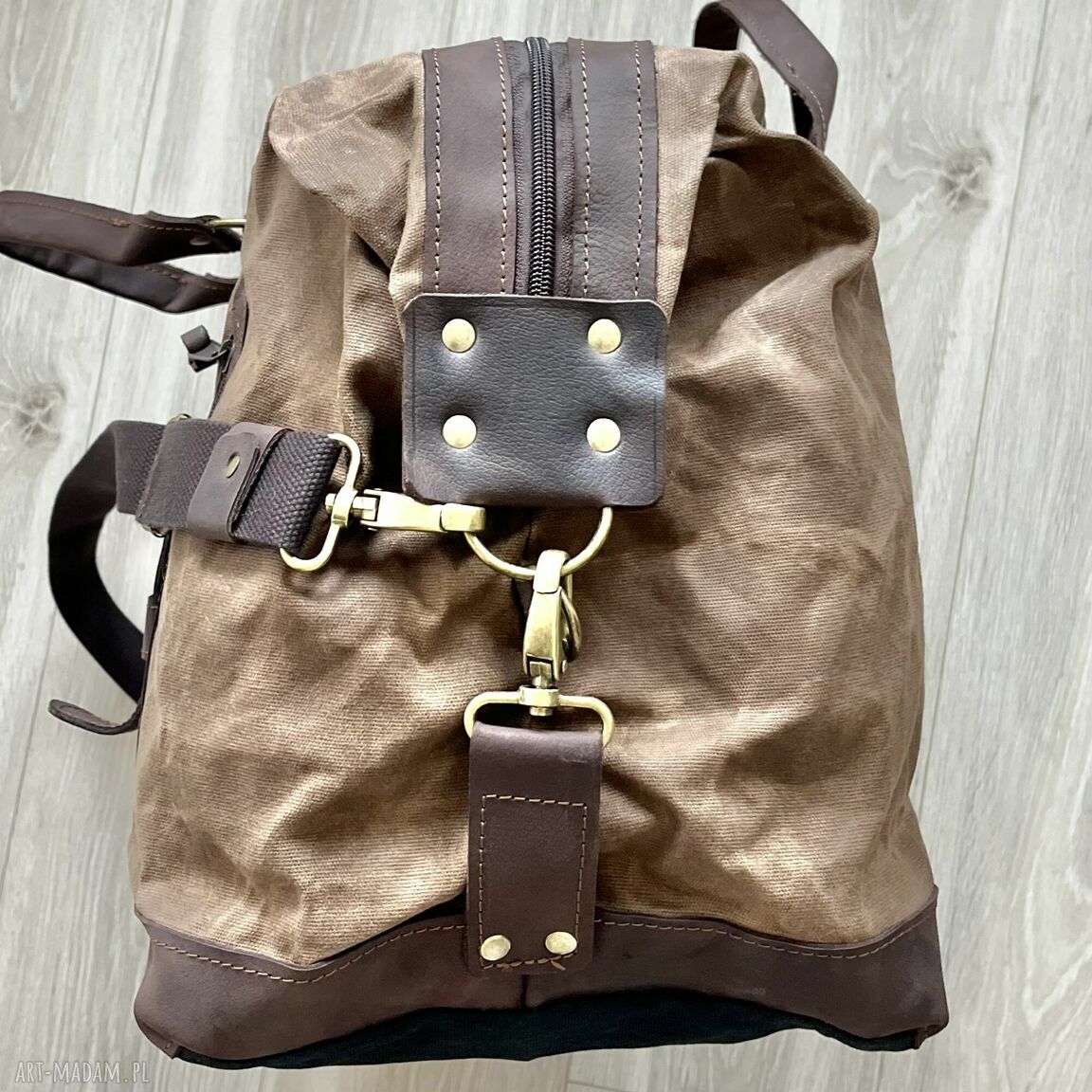 podróżne: Torba bagażowa podróżna brązowa ze skóry i bawełny woskowanej Vintage