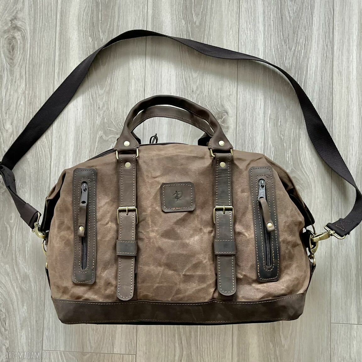 Torba bagażowa podróżna brązowa skóry bawełny woskowanej vintage