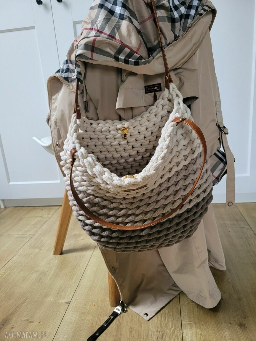 Torba Boho Wave Bag na jesień z grubego sznurka bawełnianego - beżowe ombre na ramię