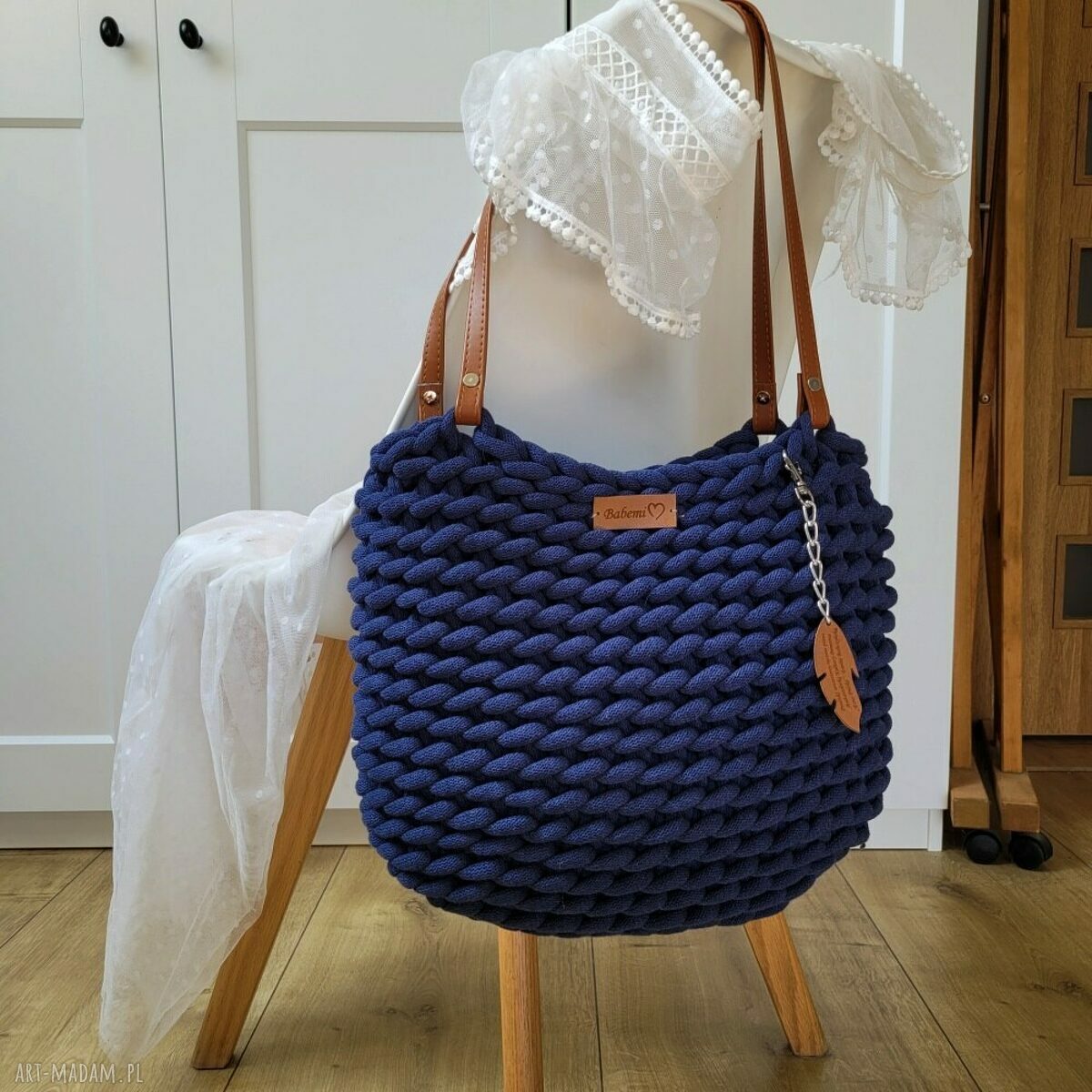 Torba Boho Wave Bag w kolorze Jeans - na ramię, ręcznie szydełkowana