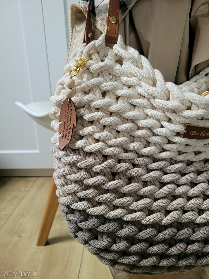 Torba Boho Wave Bag na jesień z grubego sznurka bawełnianego - beżowe ombre na ramię