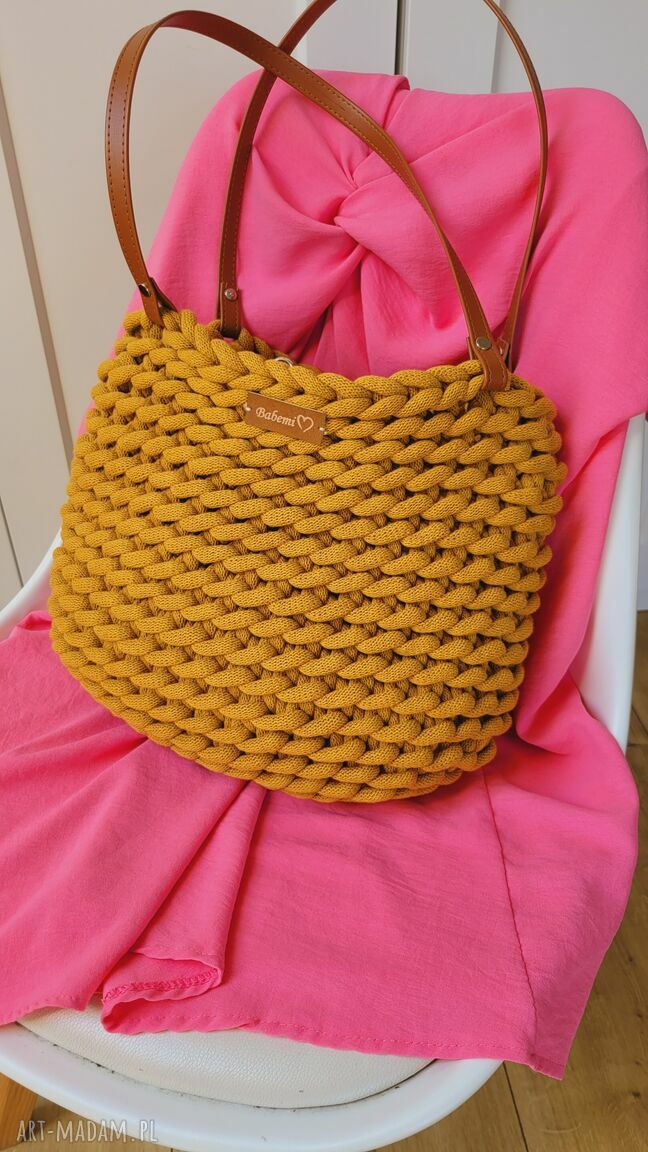 Torba Boho Wave Bag musztardowa - ręcznie szydełkowana torba worek