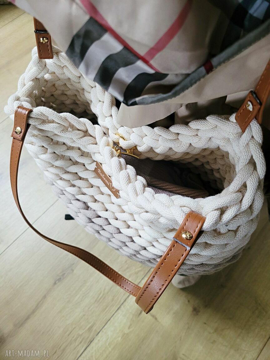 Torba Boho Wave Bag na jesień z grubego sznurka bawełnianego - beżowe ombre na ramię