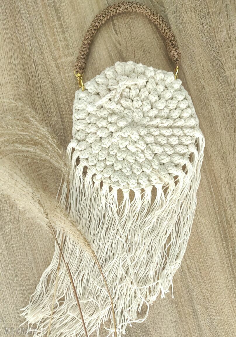 Mini torba na szydełku ze sznurka boho w kolorze ecru (popcorn 3D)