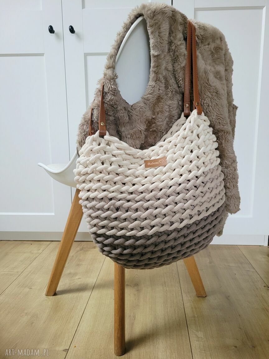 Torba Boho Wave Bag na jesień z grubego sznurka bawełnianego - beżowe ombre na ramię