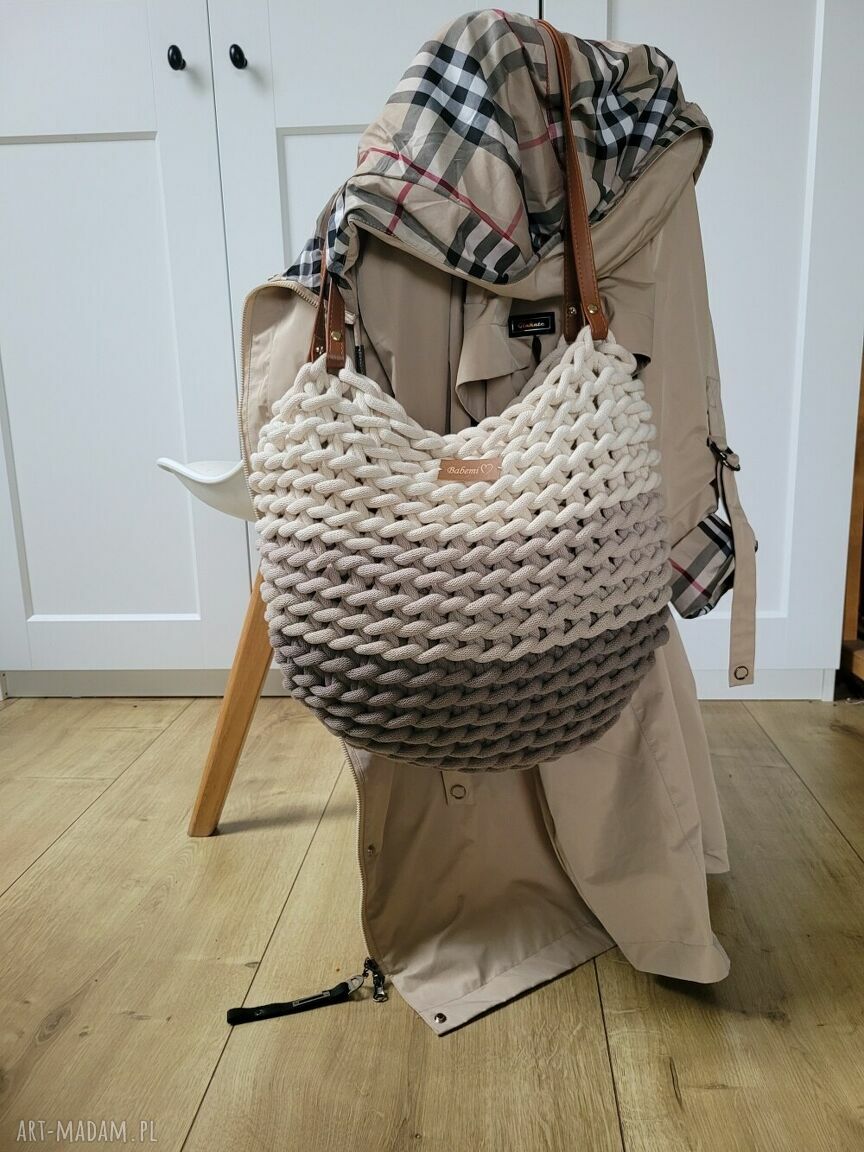Torba Boho Wave Bag na jesień z grubego sznurka bawełnianego - beżowe ombre na ramię
