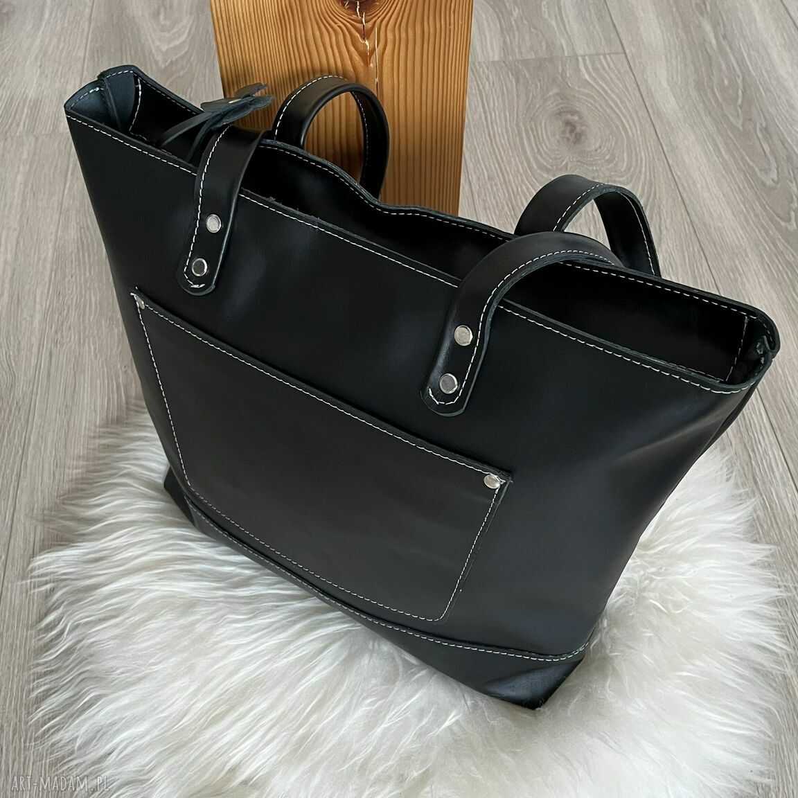 na ramię: Torba czarna Schopperka na ramię ze skóry. handmade