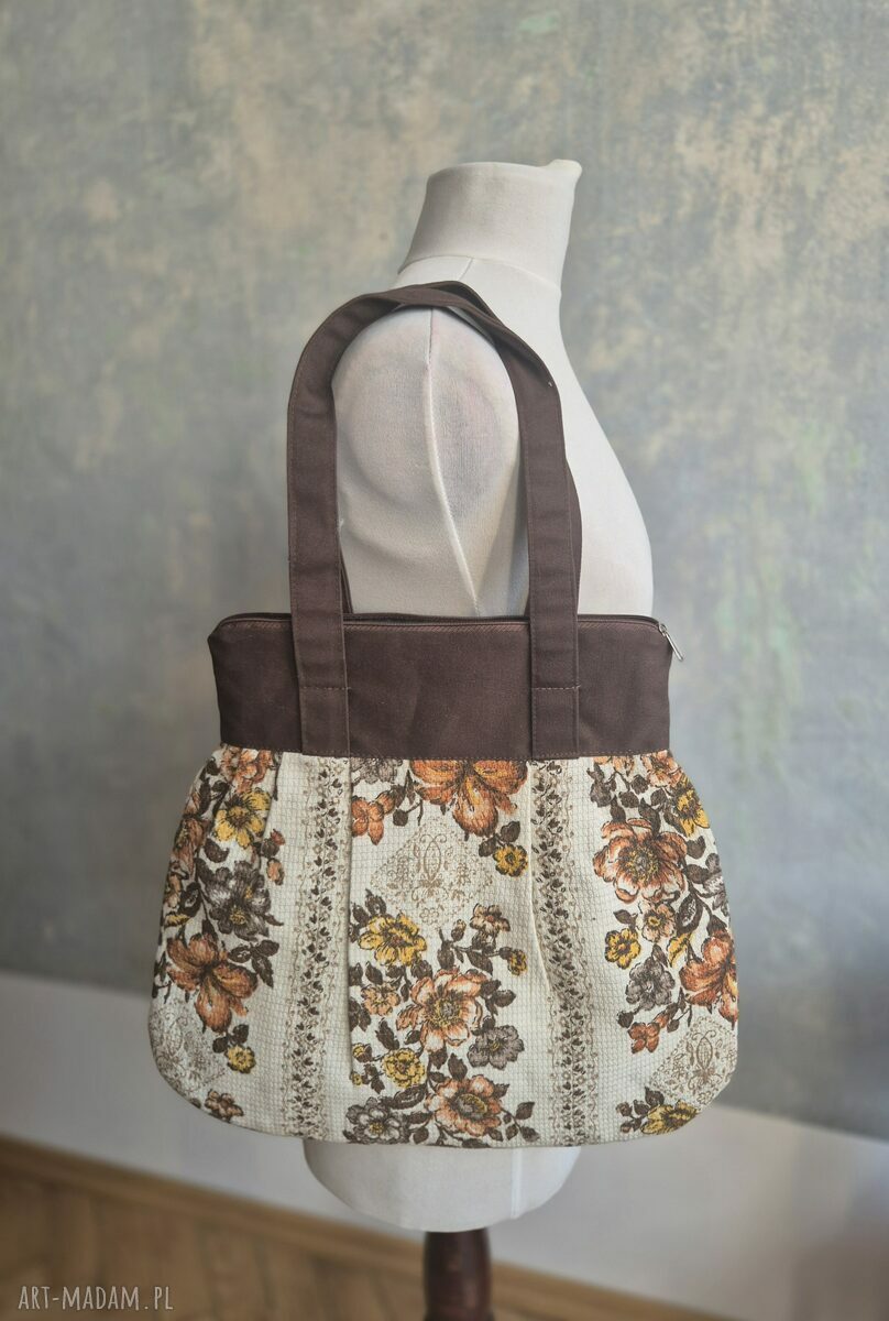 Ręcznie robiona torba damska na ramię 38x40 w kwiaty folk retro - zamek i 2 kieszonki