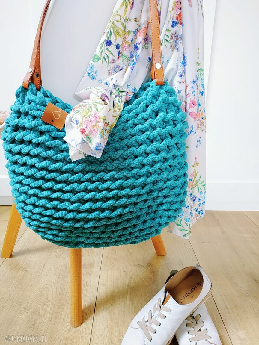 Torba na ramię Boho Weave Bag z sznurka bawełnianego - morski - ręcznie szydełkowana