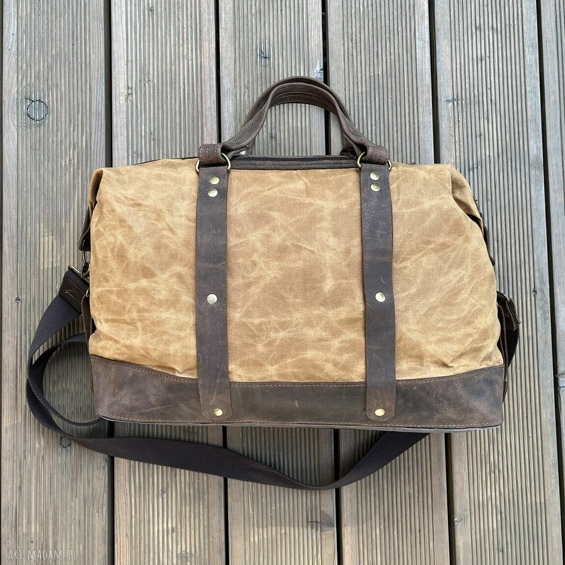 podróżne: Torba podróżna ze skory i bawełny woskowanej Vintage. ręcznie wykonane