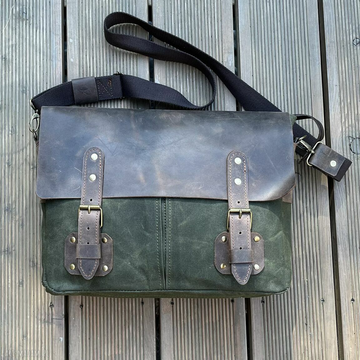 Zielono brązowa torba skóry bawełny woskowanej vintage torebka