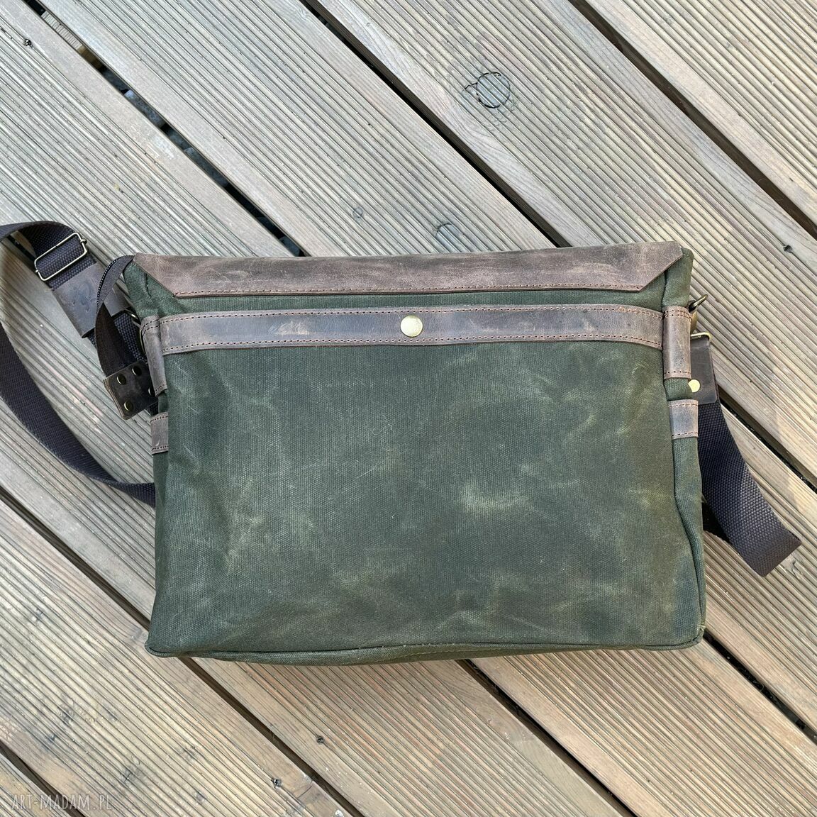 na ramię: Zielono brązowa torba ze skóry i bawełny woskowanej. Vintage. hand made