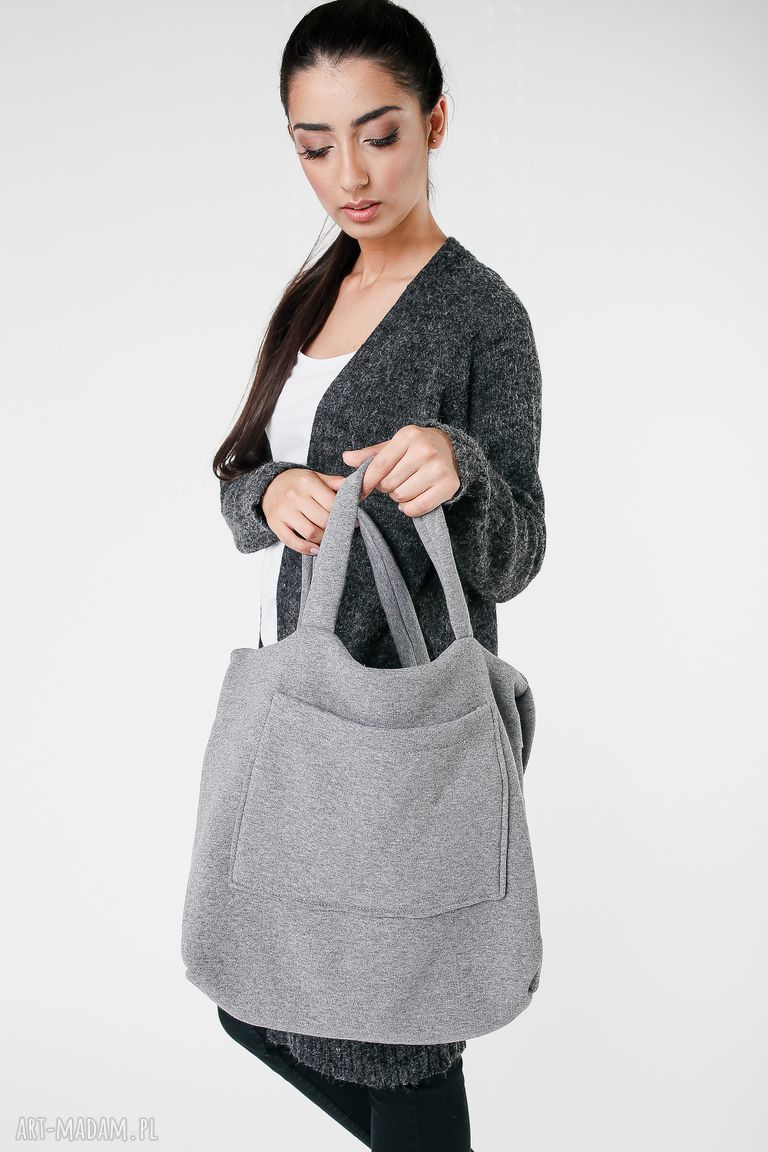 na ramię: torba dzianinowa worek szaro koralowa ręczne wykonanie
