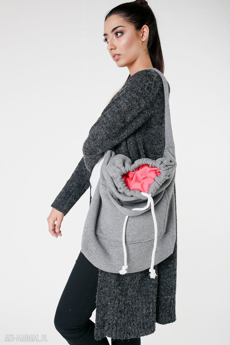 na ramię: torba dzianinowa worek szaro koralowa ręczne wykonanie