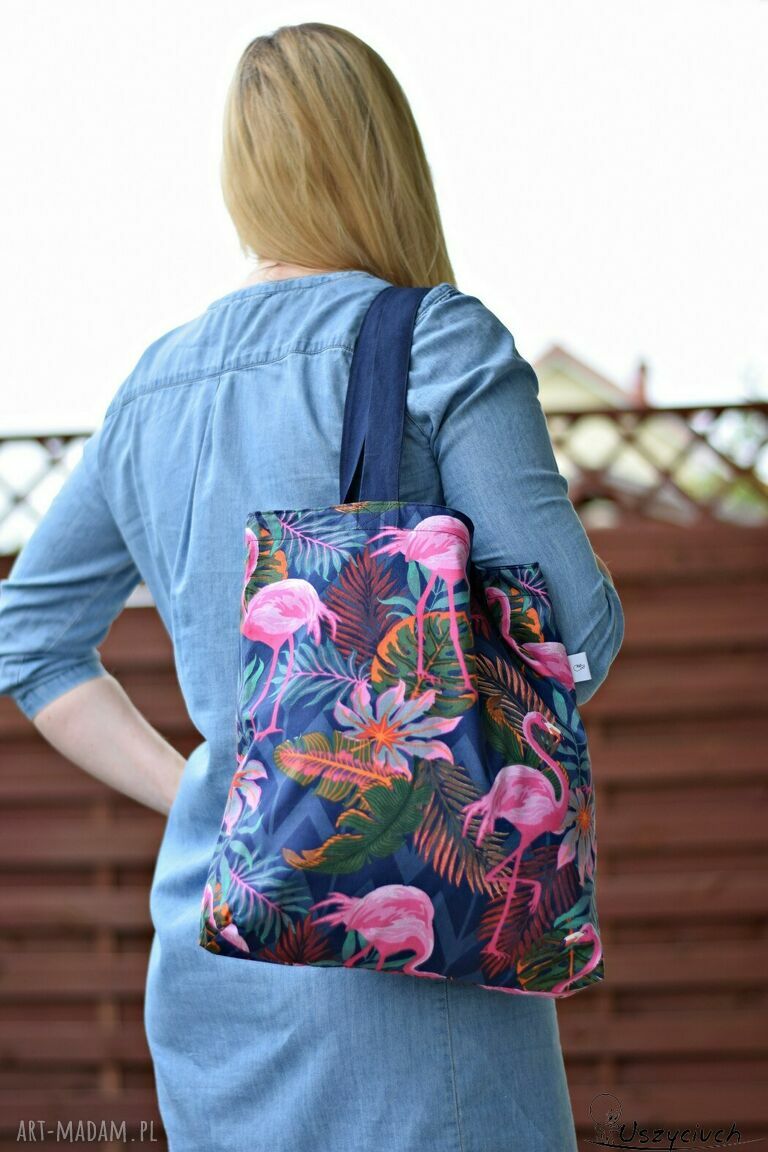 Torba na zakupy shopperka ekologiczna torba zakupowa na ramię eko siatka bawełniana flamingi