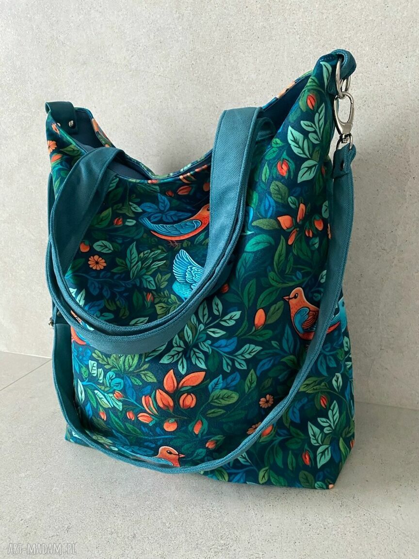 Torba XXL z weluru w print Ptaszki i Liście (wegańska)