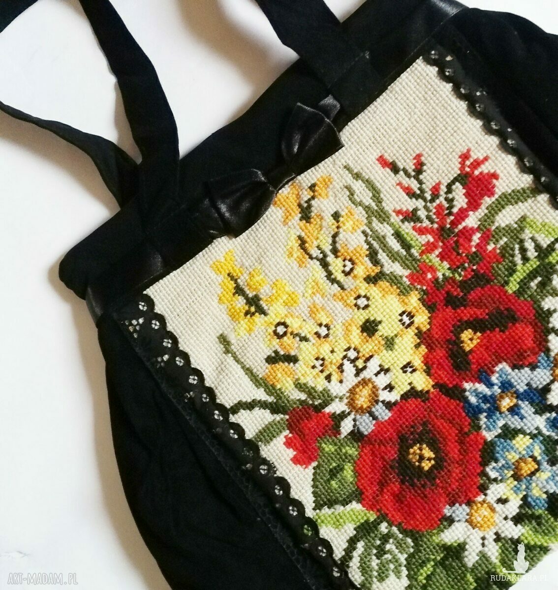 Torba haftowana folkowa boho na ramię - kwiaty etno, zamek i podszewka