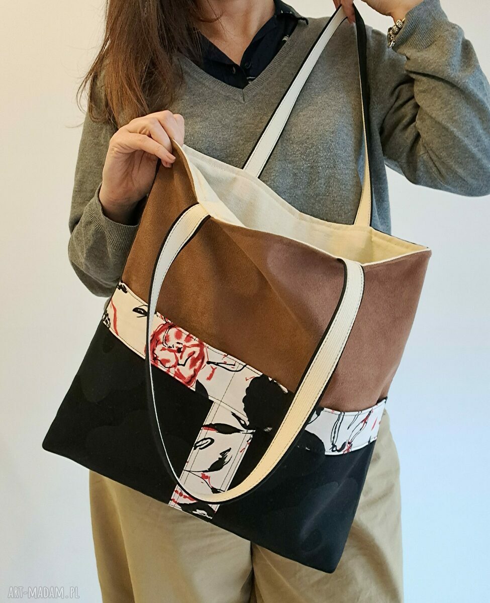 Torba handmade na ramię - czerń i brąz