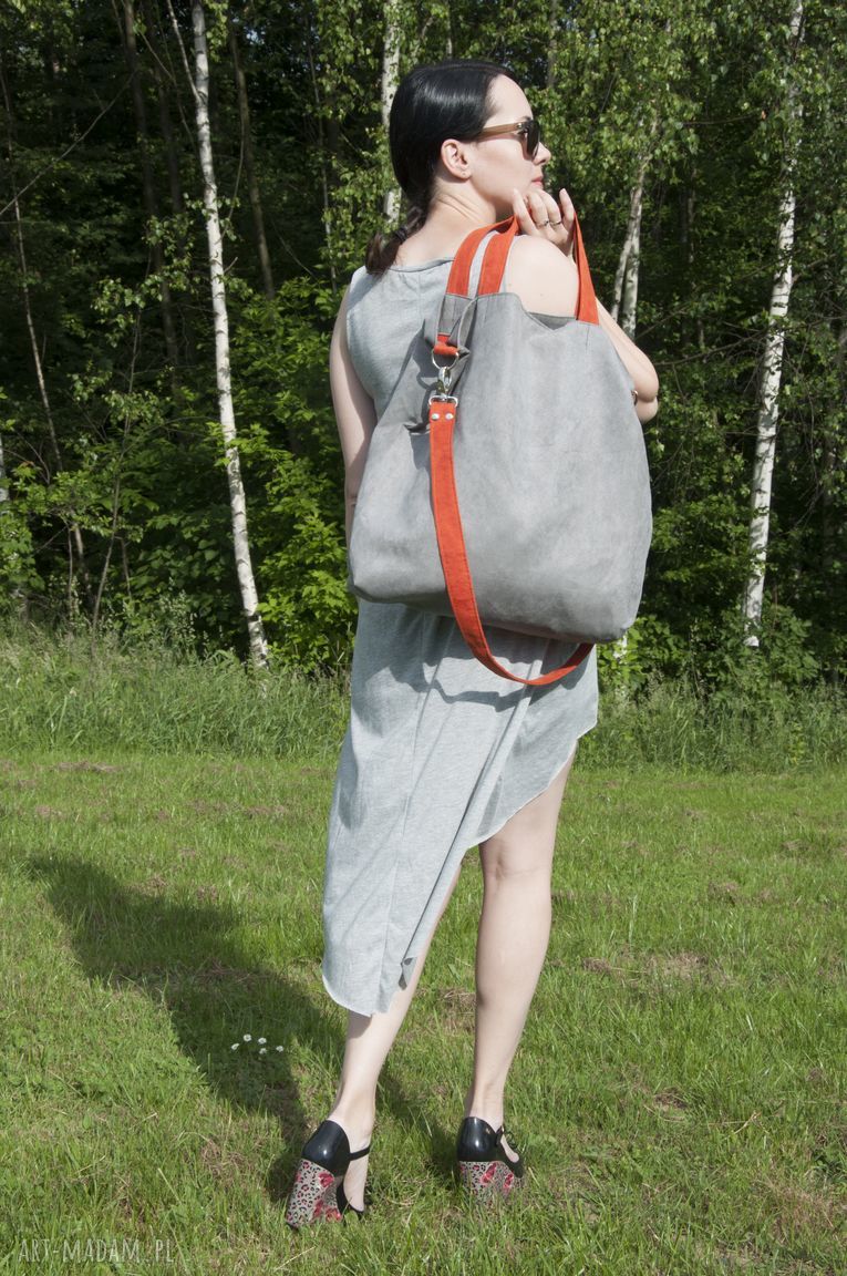 Wegańska torba hobo XXL - szary, pomarańcz na ramię (mieszcząca A4)