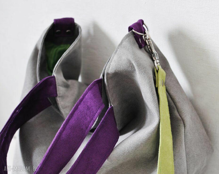 Torba hobo XXL na ramię - szary, limonka i fiolet, A4 i więcej