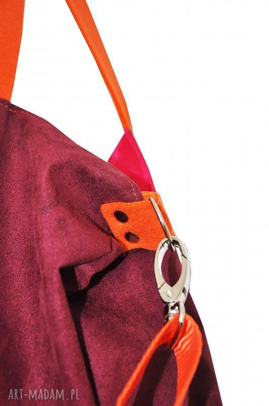 Torba hobo XXL oberżyna i pomarańcz - alcantara z filcem na ramię