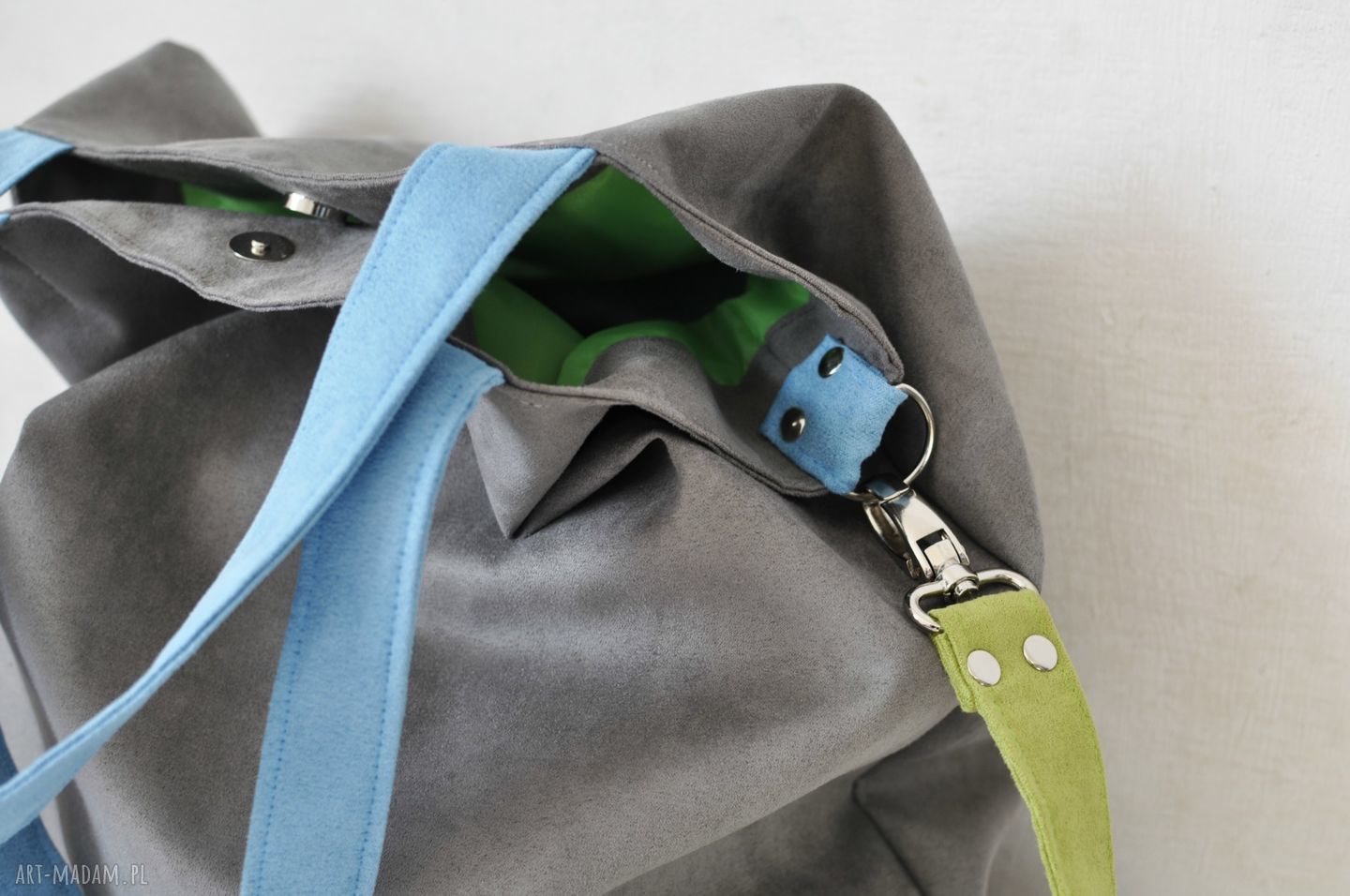 Torba hobo XXL na ramię - szarość, limonka i błękit