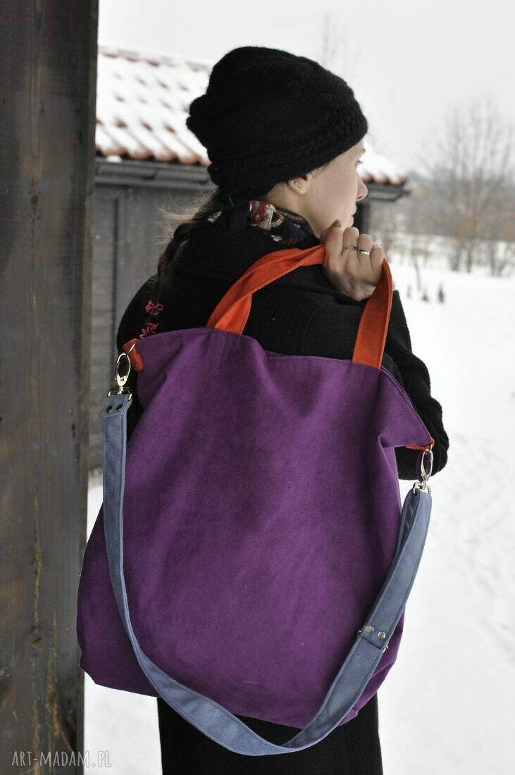 Torba hobo XXL - fiolet, pomarańcz i szaroniebieski